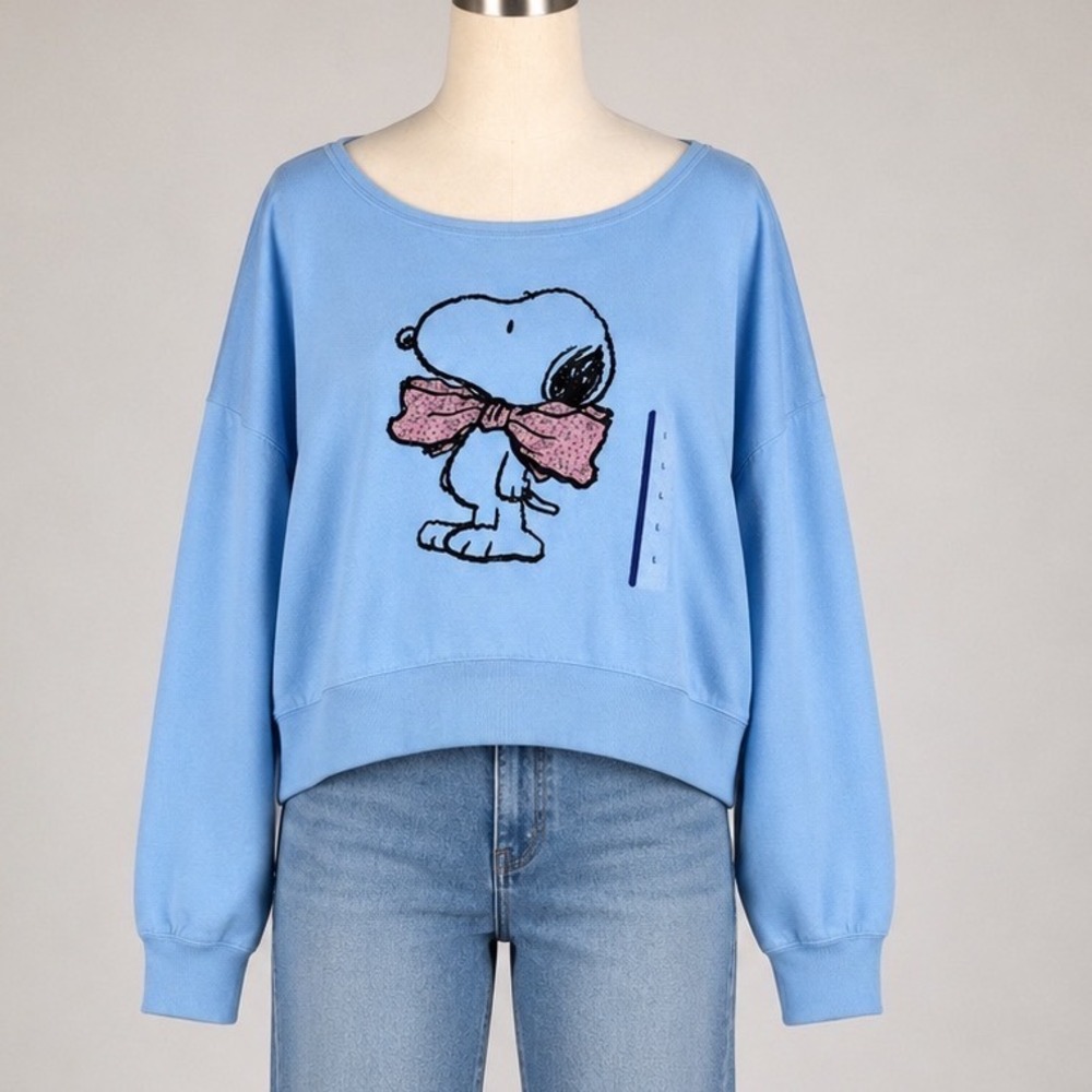Peanuts Snoopy Rhinestone Pink Bow Sweatshirt Blue Boat Neck Embellished Large